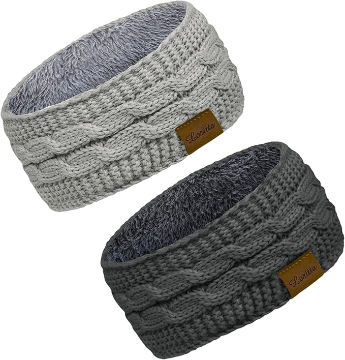 Loritta 2 Pack Headbands for Women Winter Warm Cable Knit Ear Warmer Thick Head Wrap Fuzzy Fleece Lined Gifts