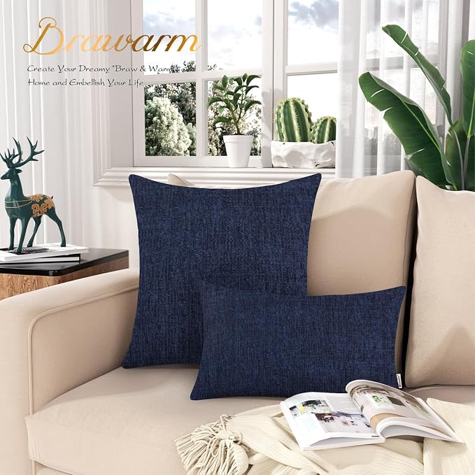 BRAWARM Throw Pillow Covers 18x18 Inches - Navy Blue Chenille Pillow Covers Pack of 2, Solid Dyed Soft Chenille Pillow Cases for Couch Sofa Bed Home Decoration