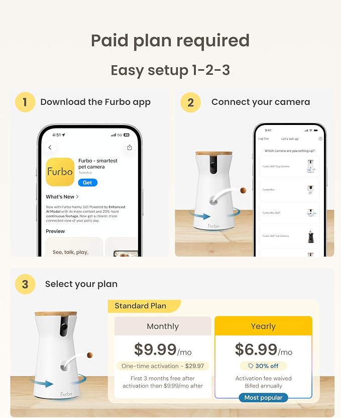 Furbo 360° Dog Camera [Subscription Required] Unlock w/Paid Plan: Home Security & Dog Safety Alerts, Rotating Pet Treat Toss, 2-Way Speaker (Low Risk, 3mo Min. Cancel Anytime) | Stay connected with AI Dog & Home Safety Alerts, Treat Toss, Auto-Tracking...