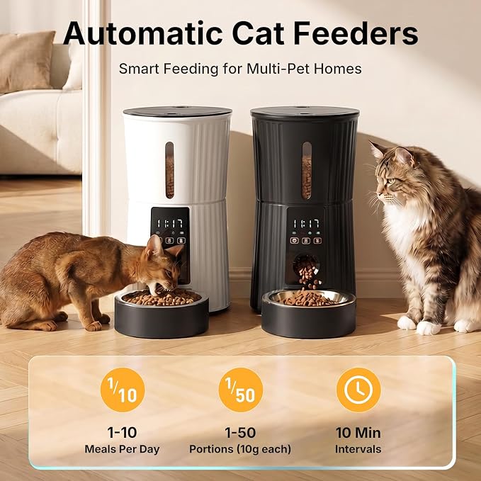 NEWBULIG 4L Automatic Cat Feeder with APP, 2.4G WiFi Pet Feeders - White | Applicable for Dry Food, 19.5 Cups, Programmable Schedule, 10 Meals/Day, 50 Portions/Meal, 10s Voice Recorder, Dual Power