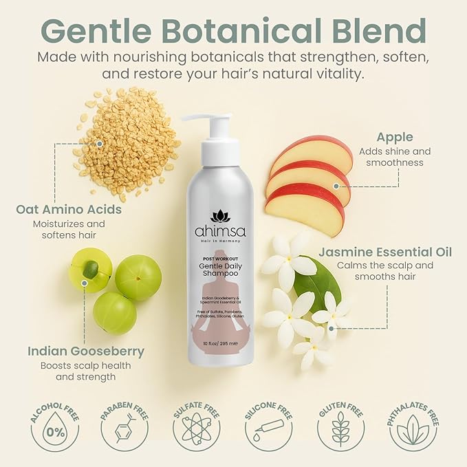 Ahimsa Gentle Daily Shampoo Paraben Sulfate Free, Organic Hair Shampoo for Dry Damaged Hair, Curly & Color-Treated, Apple & Oat Amino Acids, Indian Gooseberry for Scalp Health, Jasmine Oil (10oz)