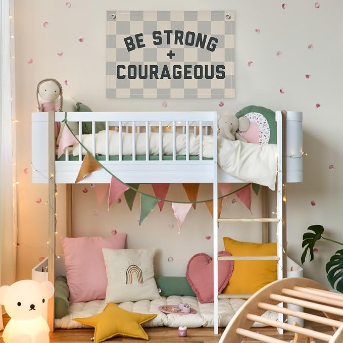 Motivational Quotes Boys Room Decor，Be Strong Courageous Bibie Joshua 1:9 Playroom Decor Linen Canvas Banner,Vintage Checkered Wall Hanging Flag Decor for Kids Toddler Room 30x20 bestrong