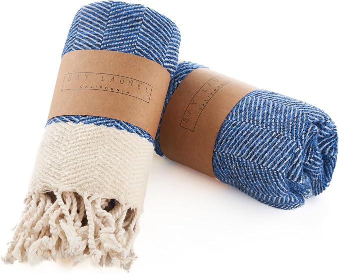 BAY LAUREL Turkish Hand Towel – Pack of 2 | Soft & Absorbent Decorative Towels for Bathroom, Hand, Face, Hair, Gym, Yoga, SPA, Kitchen & Tea | Boho Decor (Royal, Herringbone 15x26 Inches (Set of 2)