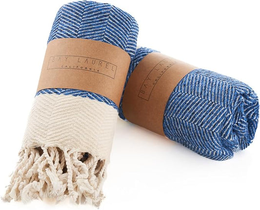 BAY LAUREL Turkish Hand Towel – Pack of 2 | Soft & Absorbent Decorative Towels for Bathroom, Hand, Face, Hair, Gym, Yoga, SPA, Kitchen & Tea | Boho Decor (Royal, Herringbone 15x26 Inches (Set of 2)