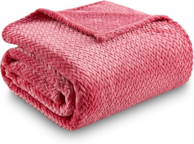 NEWCOSPLAY Fleece Leaves Pattern Throw Blanket, Coral Pink, 50"x60" | Super Soft Throw Blanket, Lightweight Cozy Bed Sofa Blanket, Premium Silky Flannel Fleece, Travel Blanket for All Season Use