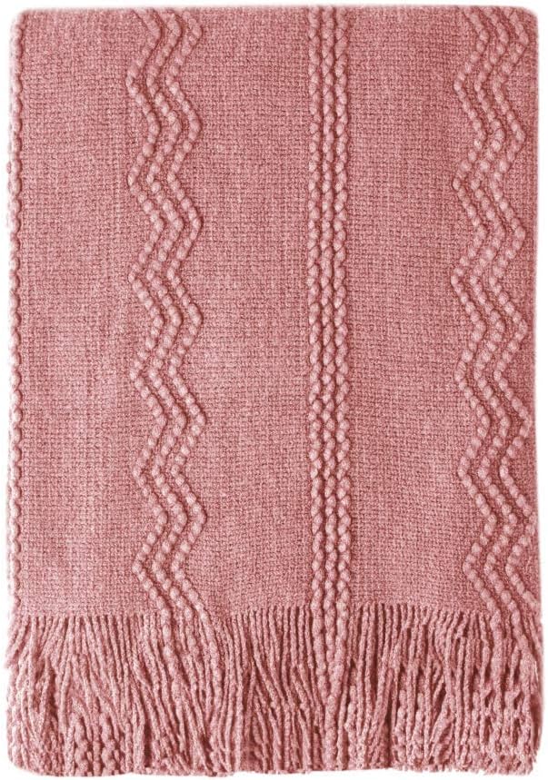 BOURINA Coral Pink Throw Blanket 50x60 Inch Knitted Soft Throw Sofa Blanket | Knitted Throw Blanket 50x60 Inches, Soft Lightweight Boho Weave Throw Decorative Couch Blanket for Living Room Bedroom Chair