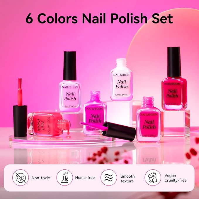 Hot Pink Nail Polish Set - 6 Colors Neon Pink Light Pink Shades Pastel Pink Air Dry Regular Nail Polish Pack for All Skin Tones, Rich in Castor Oil, Non Gel, Salon-Quality Nail Art Gift