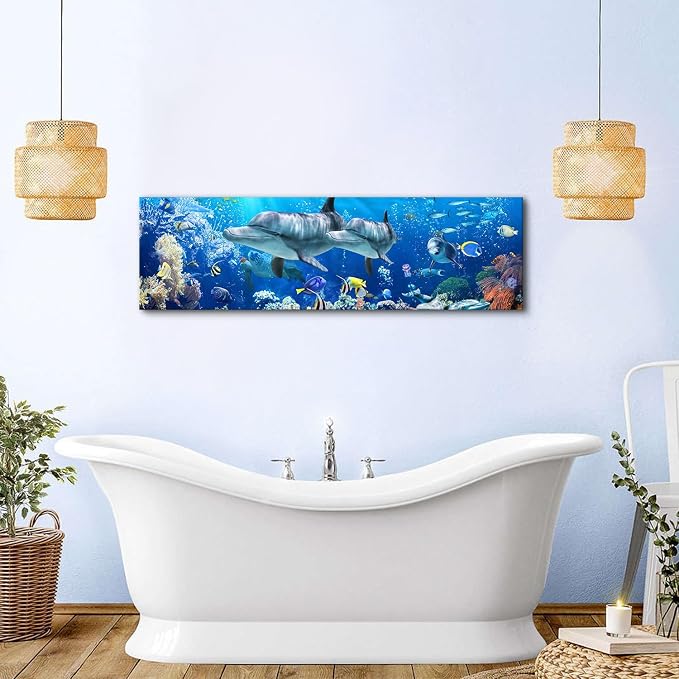 Large Dolphin Wall Art for Bathroom Nautical Theme Picture Ocean Coastal Room Decor Nature Blue Seascape Painting Prints Under The Sea World Landscape Poster Artwork Living Room Decorations 14x48"