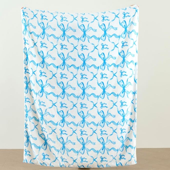 Blue Bow Twin Blanket – 60x80 Inch Soft Fleece Blanket for Girls and Women, Coquette Aesthetic Room Decor for Bed, Couch, Chair, Preppy Bedroom or Gift, Cute Pink Bow Decor Blanket