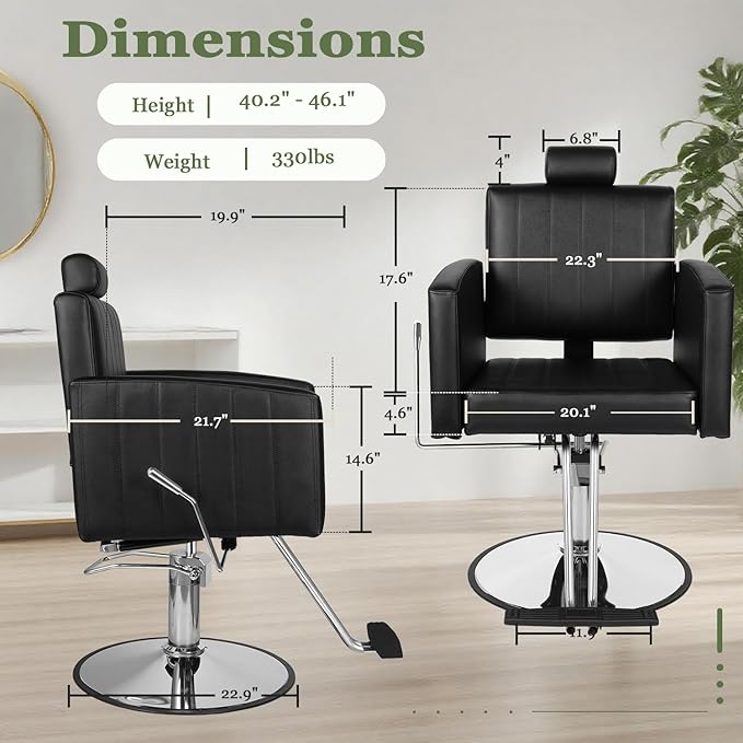 Black Salon Chair for Hair Stylist, Heavy Duty Hydraulic Barber Salon Chair with Vertical Stitch Design, 360° Swivel, Adjustable Height, Ergonomic Reclining Stylist Chairs for Beauty Salon