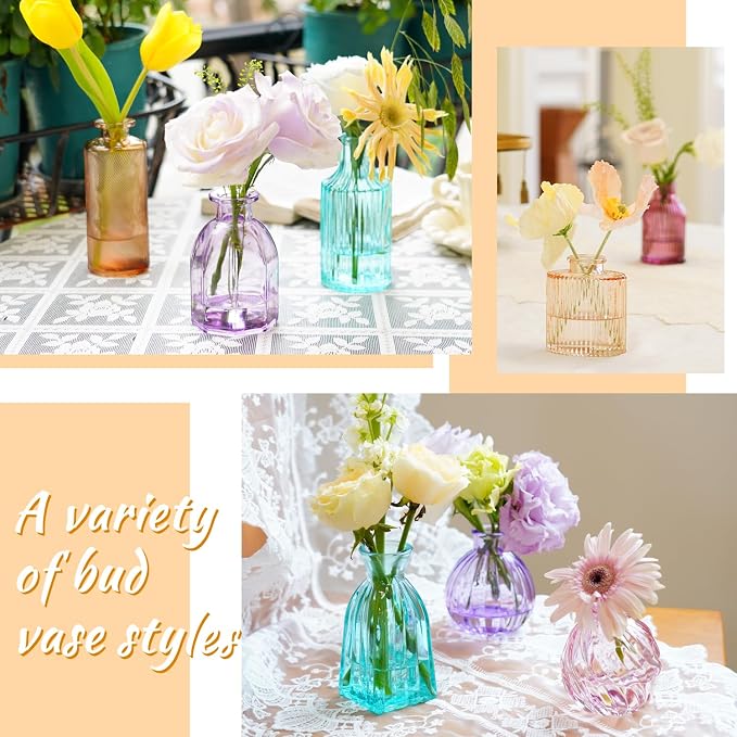 12PCS Mixed Colored Bud Vases Colorful Vintage Flower Vase for Centerpieces | Small Glass Vases for Flowers Aesthetic Glass Bottles Bulk Wedding Party Home Decorations Gifts