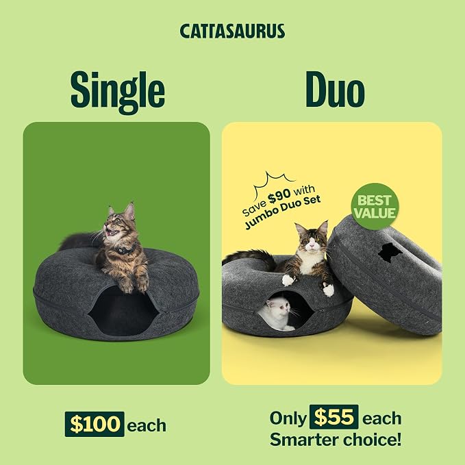 Peekaboo Cat Cave Duo Jumbo Set, Extra Spacious Cat Donut for Multiple & Large Kitty 15+ lbs, Scratch Detachable Cat Beds for Indoor Cats, Washable Cat Tunnel Bed, Best Kitten Toys