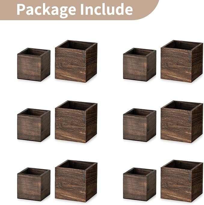 NUPTIO Small Wooden Box for Centerpiece, Brown, Square, 4"/5", 12 Pcs | Farmhouse Wood Vases Planter, for Fall Decor, Windowsill, Home, Garden