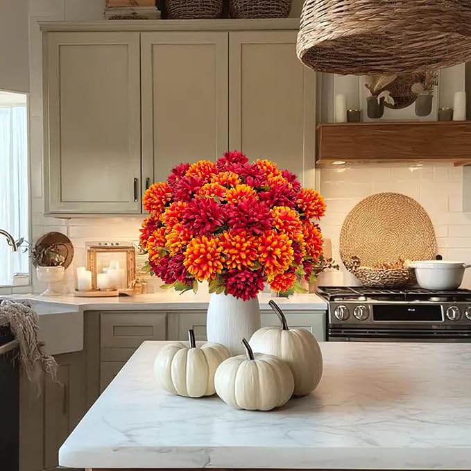 4 Bundles Large Artificial Fall Flowers Faux Mums for Outdoor Planters | Silk Fake Chrysanthemums Bouquet for Home Vase Outside Front Porch Table Floral Arrangement Wedding Autumn Decor