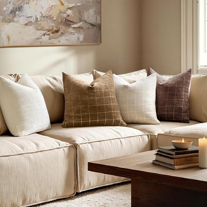 MIULEE Toffee Plaid Decorative Fall Euro Throw Pillow Covers 24x24 Set of 2 | Vintage, Check Chenille Couch Pillows, Boho Farmhouse Cushion Covers, Modern Home Decor for Sofa Bed Living Room