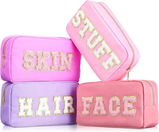 Preppy Makeup Bags Chenille Letter Stuff Bag Nylon Cosmetic Pouch Cases with Zipper for Women Travel Toiletry(Mixed Color,Classic,4 Pcs)