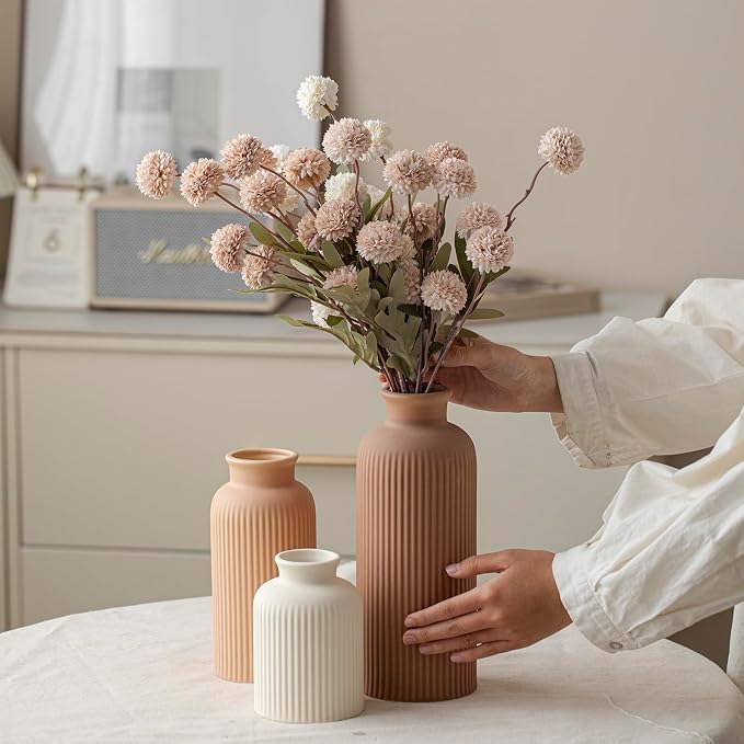 Large Modern Ceramic Vase Set, Coffee Ribbed Matte Design, 3-Piece Decorative Vases for Home, Living Room, Office (XL Coffee Mix)