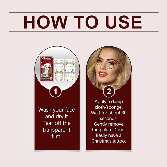 Christmas Face Stickers - Easy Apply Water Transfer Temporary Tattoos for Cheek & Face - Festive Holiday Designs for All Skin Types, No Tools Needed - Party Makeup for Kids & Adults (10 Sheets)