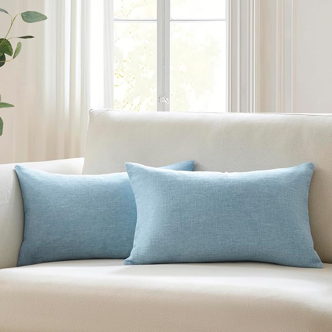 Meekio Set of 2 Light Blue Throw Pillow Covers 12x20, Coastal Linen Blend Decorative Pillow Covers for Couch Sofa Bed, Beach House Home Decor