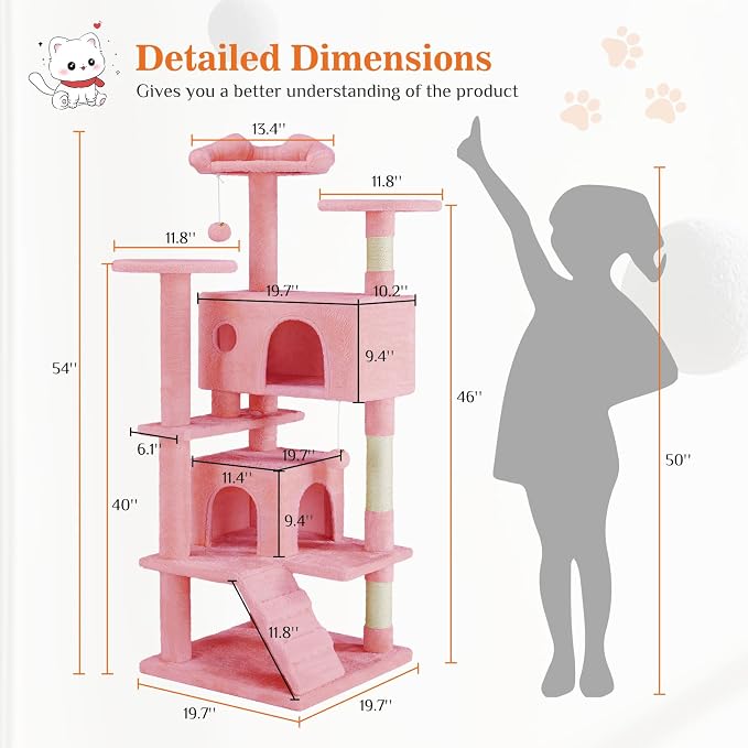 Sweetcrispy 54-inch Cat Tree Tower with Scratching Posts, Indoor Use | Multi-Level Indoor Cat Tree Condo with Climbing Ladder, Plush Toy, Play House for Kitten, Pink