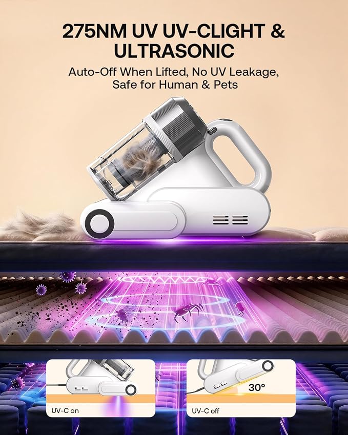 Trucozie Mattress Vacuum Cleaner with 275nm UV-C Light & 149℉ Heat, 16Kpa Powerful Suction Bed Vacuum for Pet Hair & Dander, Smart Dust Sensor, Anion & Aromatherapy, Corded for Bed, Sofa, Couch, White