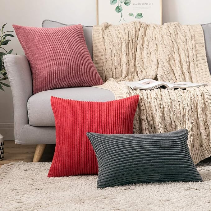 MIULEE Soft Corduroy Throw Pillow Covers Set of 2 20x20 Cranberry Red | Decorative Striped Textured Cushion Cases, Boho Energetic Vibe Pillowcases, Home Decor for Couch Chair Sofa Bed Living Room