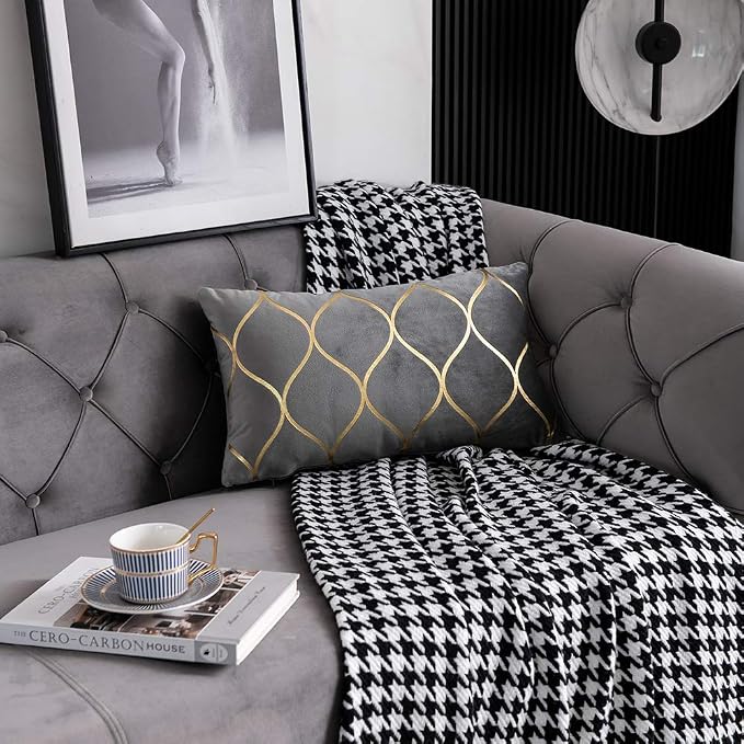 Gold Velvet Throw Pillow Covers: 2 Pack 12x20 Inch Rectangular Decorative Pillow Cases for Bedroom Sofa Couch Living Room, Light Grey