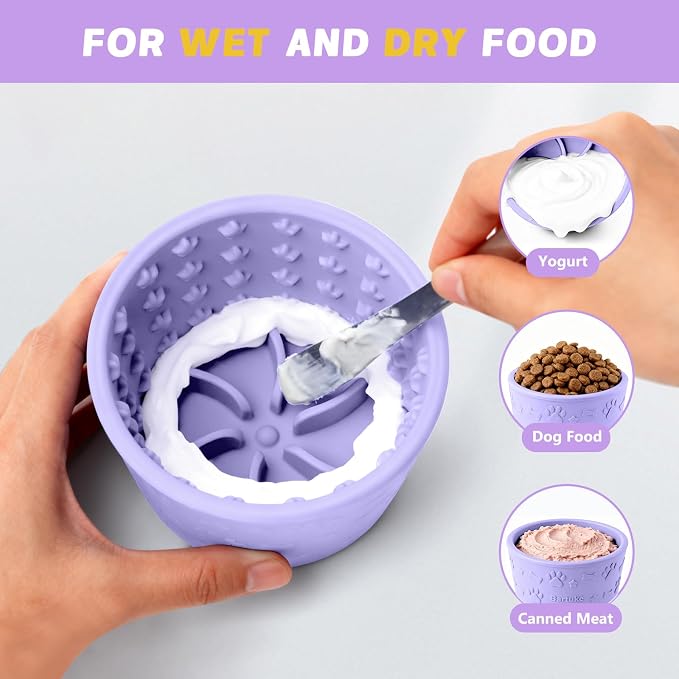 Dog Slow Feeder Lick Bowl, Silicone Dog Bowl with Strong Suction, Purple