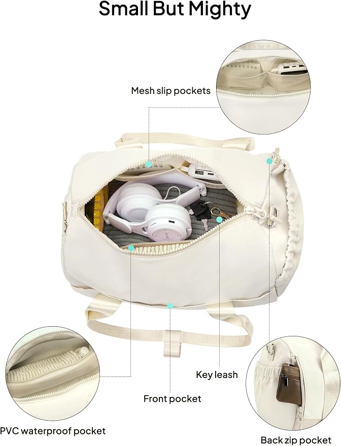 TOPEAST Small Gym Bag for Women with Yoga Mat Holder, Small Sports Duffle Bag Mini Gym Tote Bag with Water Bottle Pocket & Coin Purse for Weekender Travel Dance Workout, Beige