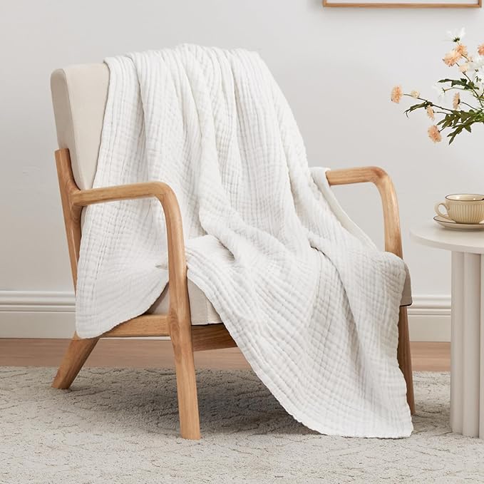 Love's cabin 100% Cotton Muslin Blanket, 6 Layer Lightweight Breathable Gauze Throw Blanket 50 x 60 Inches, Soft All Season Blanket for Couch, Bed, Sofa, White