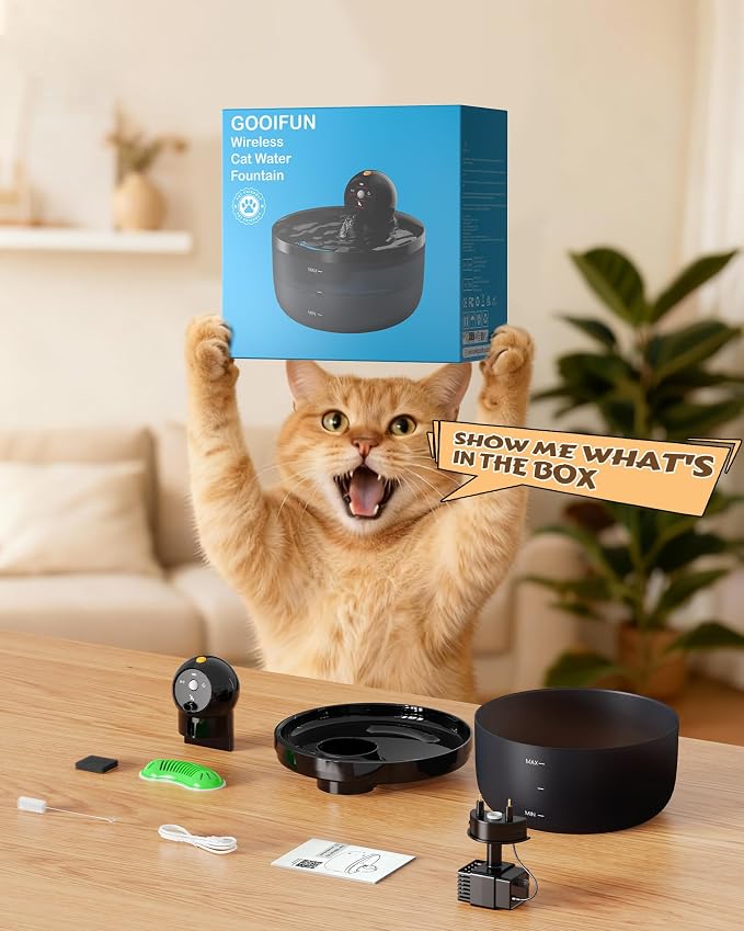 Battery Operated Cat Water Fountain: GOOIFUN Cat Fountain with 6 Filters + 3 Sponges - 88oz/2.6L Cats Water Bowl Dispenser- Silent Pet Water Fountain for Cats Inside - Kitty Drinking Fountains