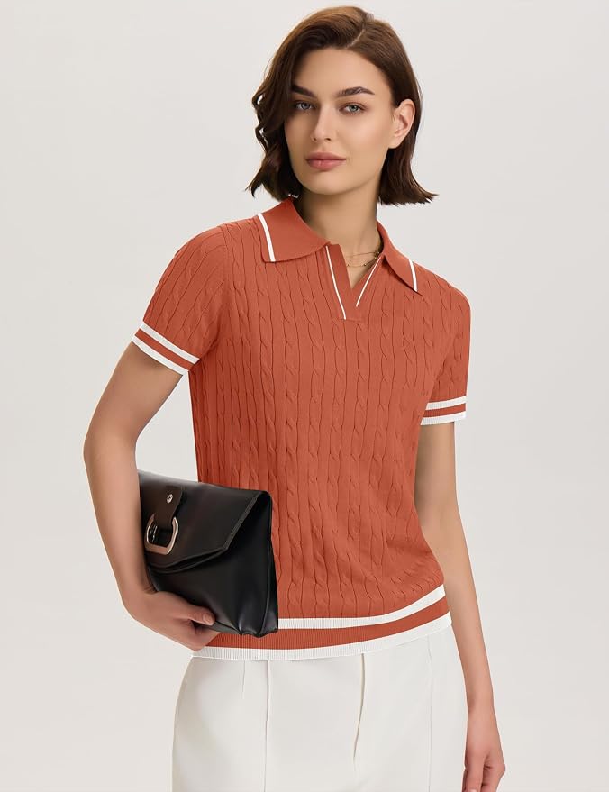 Micoson Womens Short Sleeve Sweater Tops Lapel V Neck Polo Shirts 2026 | Summer Cable Knit Loose Blouses, Business Casual Outfits