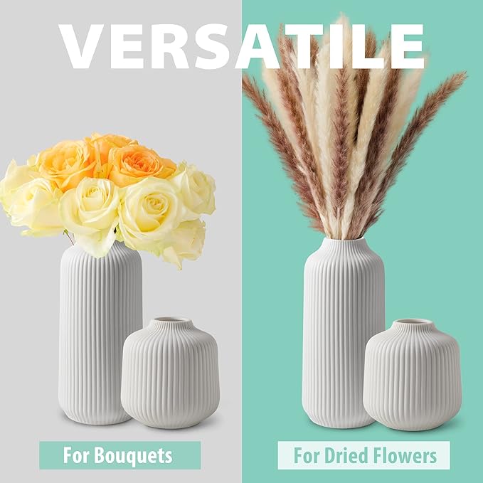 flature Ceramic Vases in Nordic Style, Modern Vase Deco for Pampas Grass, Boho Deco for Windowsill, Vases Set in White Matt, Flower Vase as Home Decoration for Fresh Flowers, Dried Flowers, Set of 2