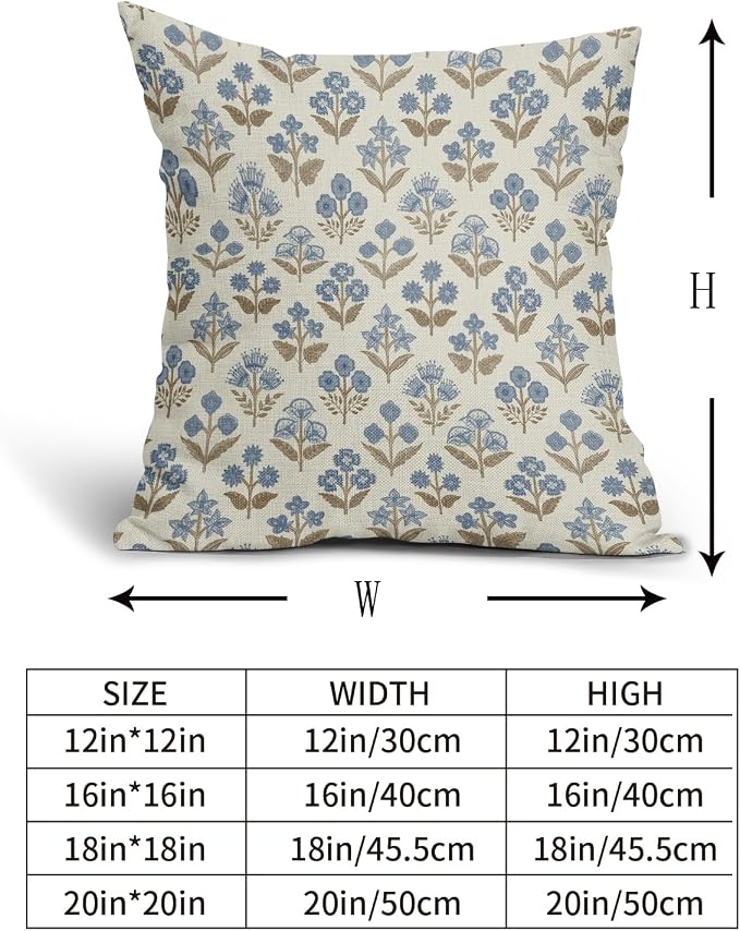 Brown Blue Floral Pillow Covers 22x22 Inch Set of 2, Vintage Flower Block Pattern Decorative Throw Pillowcases Outdoor Farmhouse Cushion Covers Spring Summer Rustic Sofa Couch Bed Decor