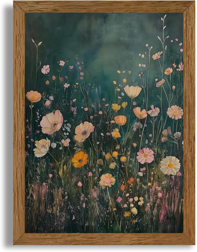 JLTULT Vintage Floral Wall Art, Pink Wood-Framed Canvas, 12 x 16 In | Pink wildflower art on fade-resistant canvas with a ready-to-hang solid wood frame for bathroom, bedroom and farmhouse decor