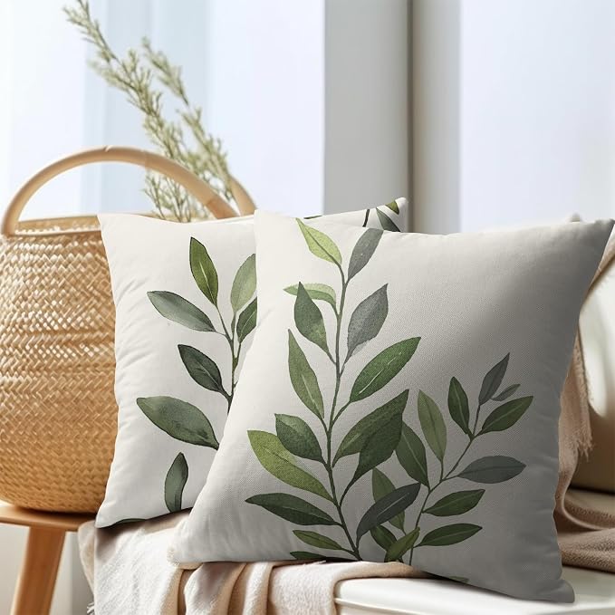 Kawani Olive Leaves Throw Pillow Covers 22x22 Inch Rustic Green Leaf Grey Square Pillowcases Cotton Linen Cushion Cover for Couch Sofa Bed Bench Porch Farmhouse Home Decor
