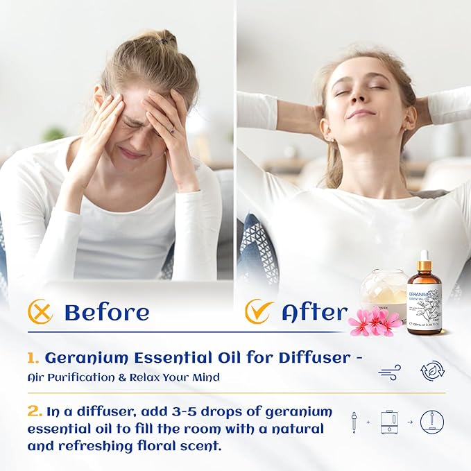 HIQILI 100ML Geranium Essential Oil for Skin, Diffuser & Candle, 100% Pure and Natural - 3.38 Fl Oz