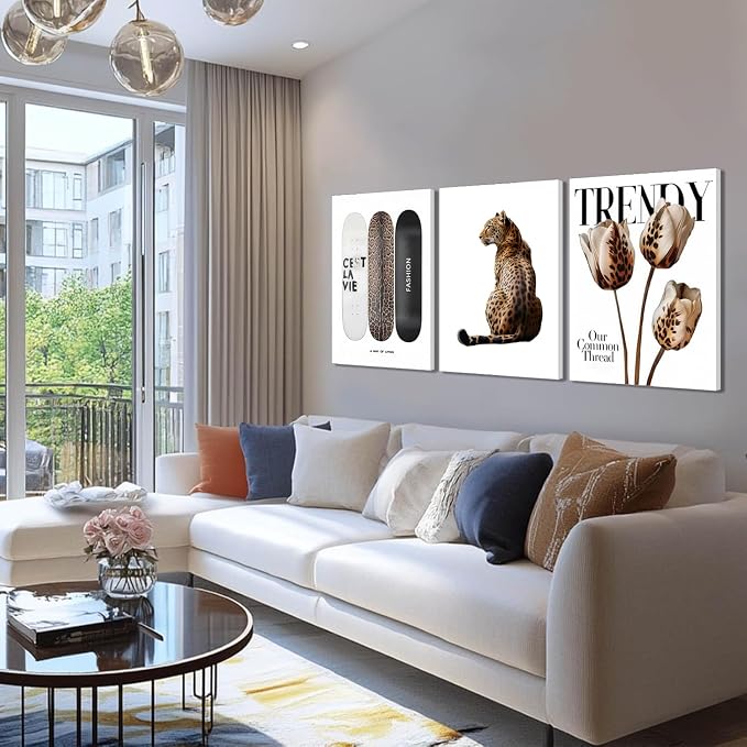 Trendy Leopard Canvas Wall Art Set of 3 Cheetah Printed Preppy Fashion Skateboard Wall Decor Preppy Room Aesthetic posters Prints for Girls Bedroom Apartment Dorm 12x16in Framed Decoration
