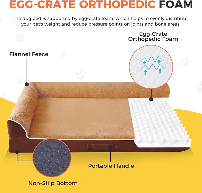 XL Orthopedic Dog Bed for Large Sized Dogs, 42"x30"x7.5", Brown | Waterproof, Washable Cover, L-Shaped Pet Couch, Egg-Crate Foam for Pressure Relief, Portable Handle