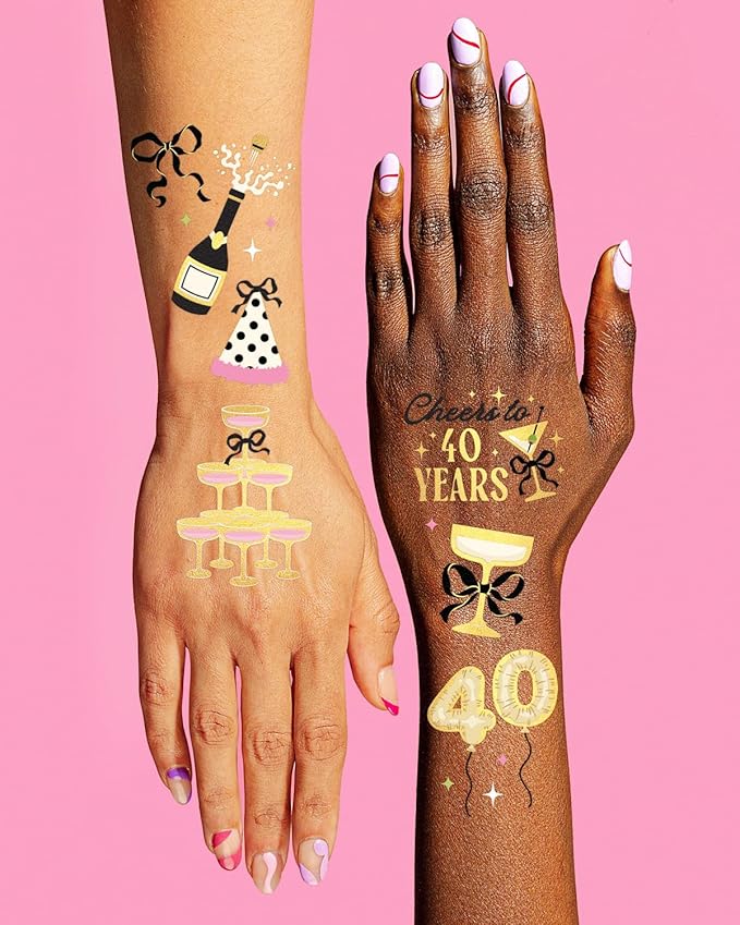 xo, Fetti 40th Birthday Temporary Tattoos - 46 designs, 2 sheets | Gold Foil, Milestone Party Favors, Forty Celebration Decor, Photo Booth Props, Glam Accessory, Adult Birthday