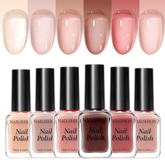 Jelly Nude Nail Polish Set 6 Colors Neutral Beige Nude Rose Pink Brown Sheer Pink Jelly Nail Polish, Quick Dry, Non-Toxic, Rich in Castor Oil, Professional Nail Art DIY Gift