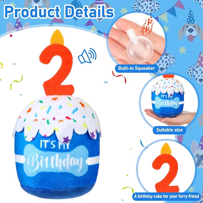 Dansydaisy Dog Birthday Cake Toy Squeaky Plush Gift,2nd,Blue