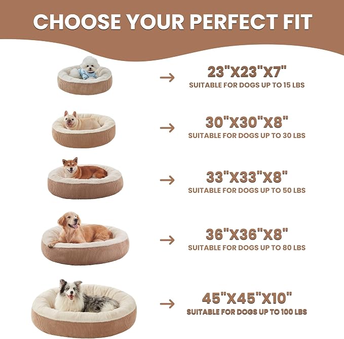 23 inches Calming Donut Dog Bed for Small Dogs,Brown | Round Puppy Pet Bed with Removable&Washable Cover,Plush Faux Fur & Corduroy, Fits Pets up to 15 lbs