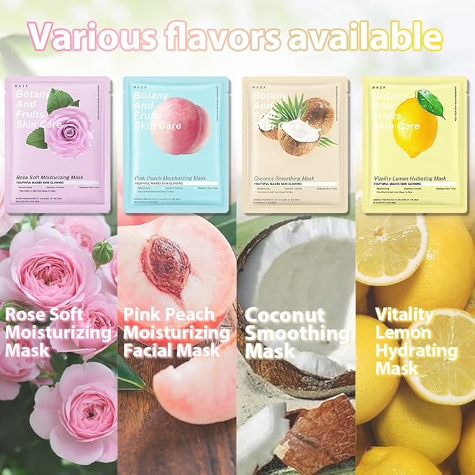 evpct 8-Pack Fruit Sheet Face Facial Masks for Women Skincare Spa, Facial Spa Day Slumber Sleepover Birthday Party Favors Supplies Kit, Natural Ingredients, Hydrate and Soothe for All Skin Types, B02