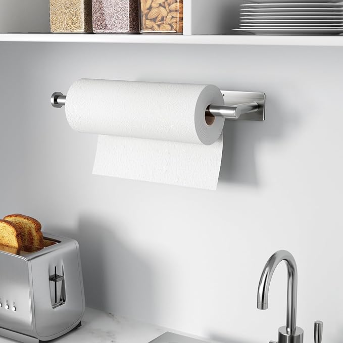 Paper Towel Holder,Self-Adhesive or Drilling， Brushed Nickel, 1 Pack | SUS304 Stainless Steel,Kitchen Roll Dispenser Under Cabinet，Wall Mounted Rack