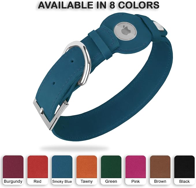 Leather Dog Collar with Airtag Holder - Apple Air Tag Dog Collars - Soft Tracking GPS Pet Collar for Small Medium Large Dogs Breed Puppy (Smoky Blue, S, 9"-12" Neck Fit)