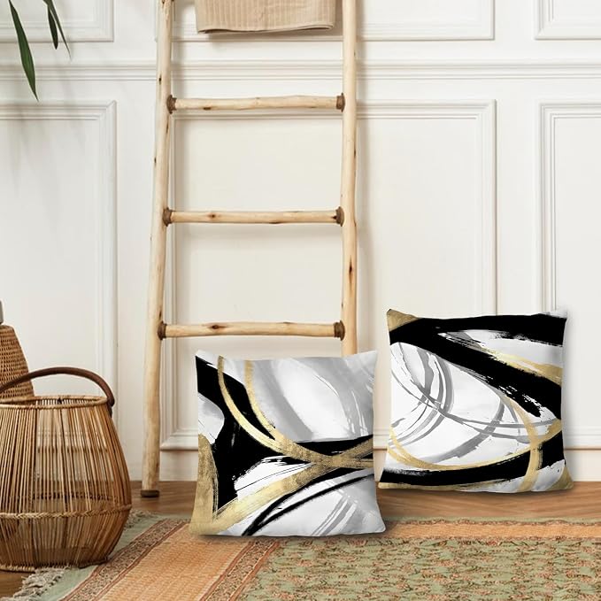 Black White and Gold Pillow Covers, Abstract Black and Gold Pillow Covers 26x26 Set of 2, Modern Boho Home Decor, Black and Gold Pillows Decorative Throw Pillows for Couch Living Room Bedroom