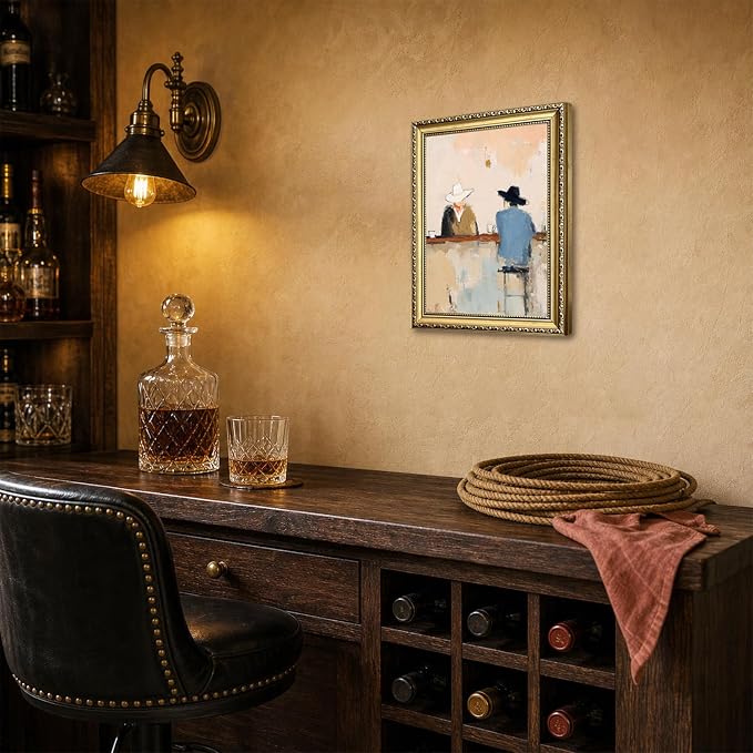 Gold Framed Western Cowboy Wall Art, Vintage Cowboy Bar Wall Decor Painting Mid Century Southwestern Canvas Prints Picture for Farmhouse Living Room Bedroom 16x24 inch