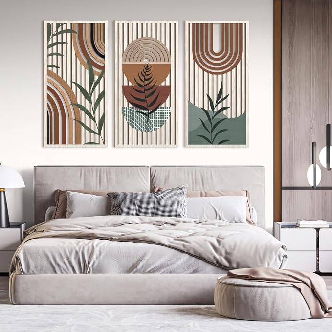 IARTTOP Large Boho Wood Wall Art 16x32 Inch Mid Century Modern Bohemian Wooden Wall Decor Brown Minimalist Geometric Plant Decor for Bedroom Living Room Dining Room Set of 3