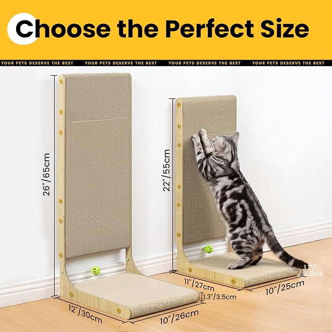 Conlun Cardboard L Shape Cat Scratcher | 26" Vertical Wall-Leaning Scratching Board & Cosy Lounge Bed, Sofa Protector with Bell Toy,Wood Grain，Large(2 Pack)